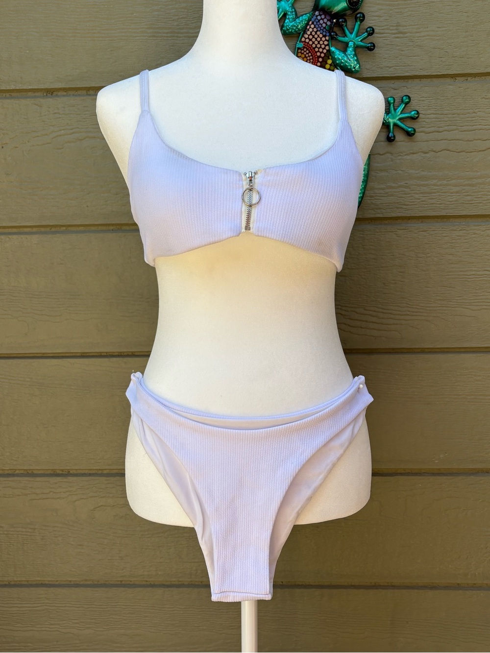 White Ribbed Zip-Front Bikini Set - Women